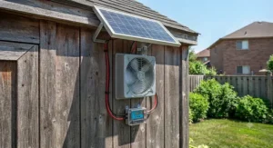 Complete solar fan system mounted securely on the exterior wooden wall of a garden shed.