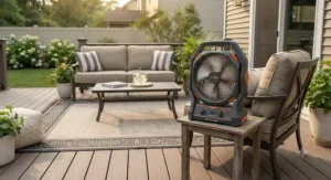 A cordless battery powered box fan cooling a backyard patio seating area.