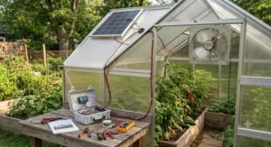 A DIY solar fan for greenhouse installation showing wiring connected to a rooftop solar panel.
