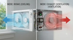 Diagram showing a reversible window fan switching between intake and exhaust airflow modes.