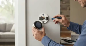 Close up of a homeowner installing a smart thermostat for AC on a residential wall.