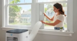 A person installing the window exhaust kit for a portable WiFi air conditioner in a standard home window.