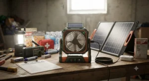 An emergency preparedness kit featuring a best solar powered fan for power outages.