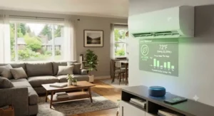Energy-efficient Alexa-compatible air conditioner display showing energy savings settings.