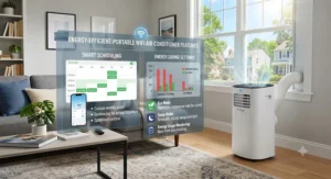 Infographic highlighting energy-saving settings and smart scheduling features on a portable WiFi air conditioner.