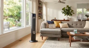 An energy-efficient smart tower fan circulating cool air during a hot summer day.