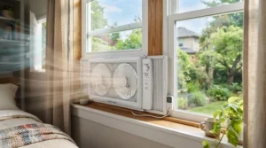 Illustration demonstrating how a reversible window fan helps circulate cool air to reduce energy costs.