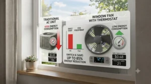 Infographic comparing energy consumption of air conditioning versus a window fan with thermostat.