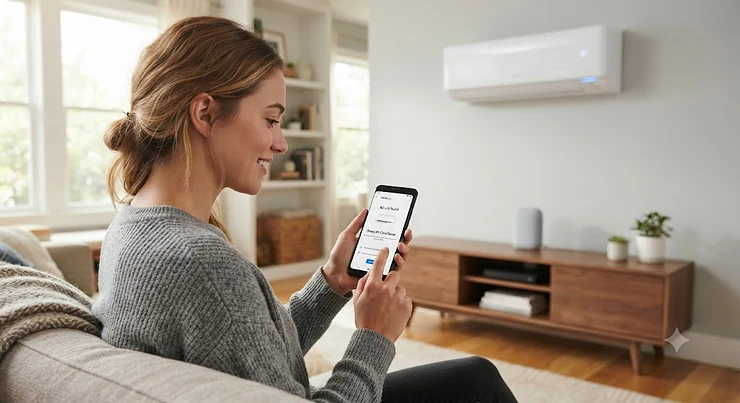 A person using a smartphone to configure a smart air conditioner with Google Home Google Home air conditioner