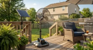 A durable best solar powered fan circulating airflow on a residential deck in the US.