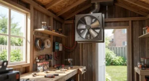 Heavy-duty solar attic and shed fan running inside a well-lit backyard workspace.