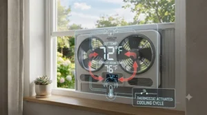 Diagram showing how a window fan with thermostat detects room temperature to cycle power.