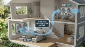 Layout illustration showing optimal window fan with thermostat placement for cross-ventilation.