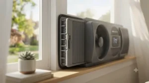 Close-up of adjustable side panels being used to install a twin window fan securely in a frame.