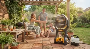 A refreshing best battery powered fan with a built-in water mister cooling people on a backyard patio.