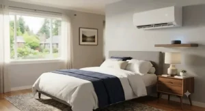A quiet Alexa-compatible air conditioner mounted on the wall of a cozy American bedroom.