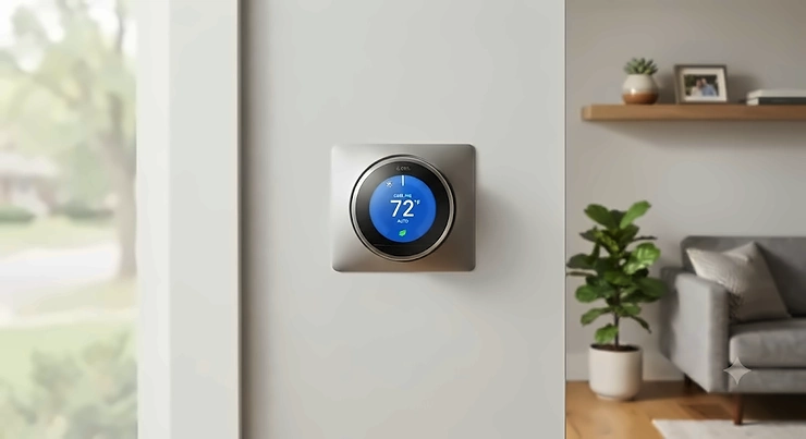 A sleek modern smart thermostat for AC mounted on a clean living room wall.