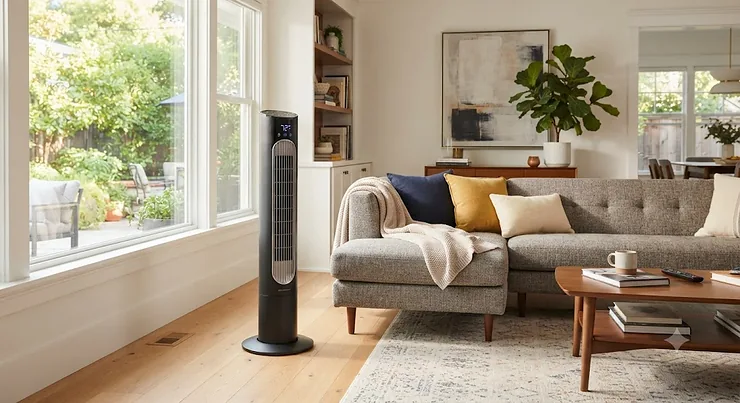 A sleek, modern smart tower fan standing in a bright, contemporary American living room.