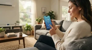A homeowner adjusting the house temperature using a smart AC controller mobile application on their smartphone.