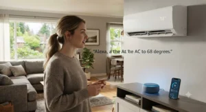A person using voice commands to set the temperature on their Alexa-compatible air conditioner.