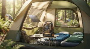 A compact best solar powered fan set up inside a camping tent during a summer weekend trip.