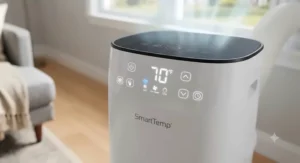 Clear digital temperature display on the front panel of a WiFi-enabled portable air conditioner unit.