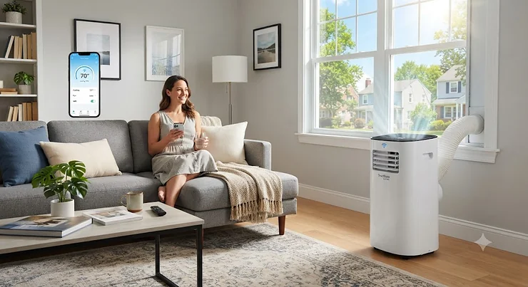 A sleek WiFi portable air conditioner cooling a modern American living room during a hot summer day.