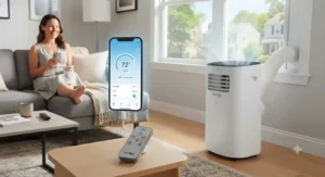 A portable WiFi air conditioner showing both its physical remote control and mobile app connectivity options.