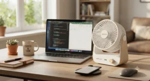 A compact best battery powered fan cooling a remote home office desk setup next to a laptop.
