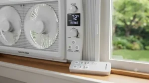 Close-up of a digital control panel on a reversible window fan with remote settings shown.