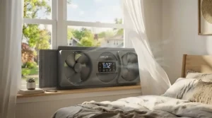 A reversible twin window fan showing how to switch between intake and exhaust cooling modes.