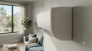 Side profile showing the minimalist, sleek design of the best smart air conditioner.