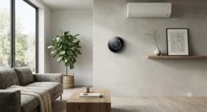 The sleek, minimalist design of a smart AC controller blending into a modern home interior.