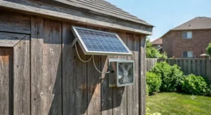 A small solar panel connected to a shed ventilation fan installed near the gable.