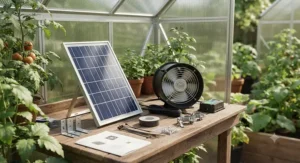 A compact solar fan for greenhouse kit with a small solar panel and mounting brackets.