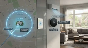 A graphic visualization of how a smart AC controller uses geofencing to cool a home before the resident arrives.
