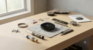 The tools required for a quick DIY installation of a smart AC controller on a home wall.