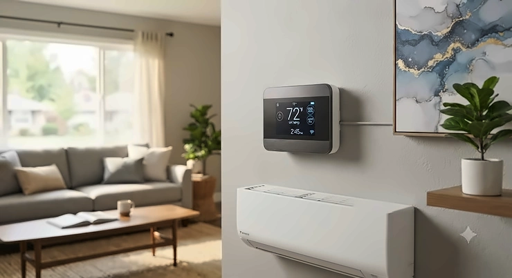 A modern smart AC controller mounted on a living room wall to control home temperature.