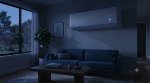 Night mode symbol illuminated on the quietest best smart air conditioner unit.