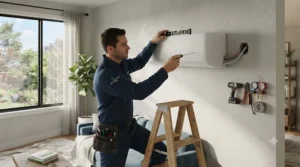 Technician performing a professional installation of the best smart air conditioner.