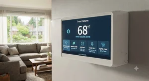 Digital control panel of an Alexa-compatible air conditioner highlighting smart cooling features.