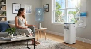 A portable WiFi air conditioner connected to a smart home ecosystem, controlled via voice command.