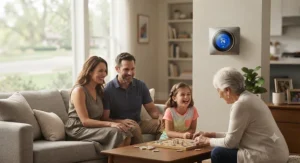 A comfortable family relaxing in a cool living room regulated by a smart thermostat for AC.