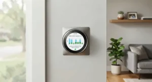A digital display on a smart thermostat for AC showing energy usage and savings.