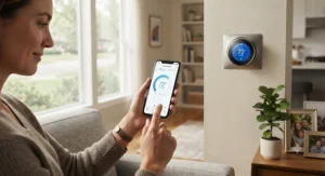 Person using a smartphone app to adjust their home smart thermostat for AC.