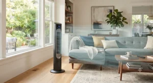 A smart tower fan demonstrating wide-angle oscillation to cool a whole room.