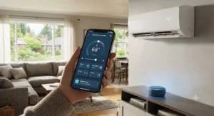 Close-up of a smartphone app interface controlling an Alexa-compatible air conditioner for home comfort.