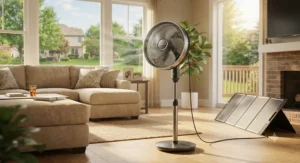 An adjustable best solar powered fan oscillating in a bright, sunlit family room.