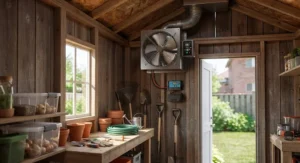 Thermostat-controlled solar shed fan automatically regulating temperature inside a backyard shed.