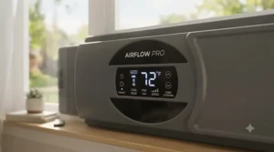 Detailed view of the digital controls and speed settings on a modern twin window fan.